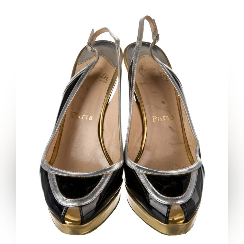 Christian Louboutin Patent Leather Colorblock Pattern Slingback Pumps 8.5 - Picture 4 of 7